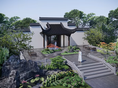 Traditional Chinese Garden Landscape With Pavilion Lotus Pond Stone Steps And Greenery 3d model
