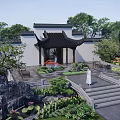 Traditional Chinese Garden Landscape With Pavilion Lotus Pond Stone Steps And Greenery