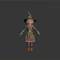 3D Game and Movie Character With Pink Hair Wizard Hat Green Dress and Orange Shoes