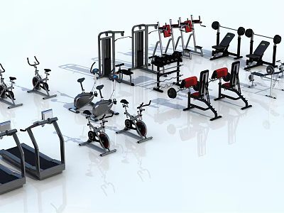 Comprehensive Modern Gym Fitness Equipment with Treadmills Exercise Bikes Dumbbells Weight Racks and Bench Presses 3d model