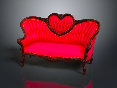 Red Upholstered Sofa with Heart Shaped Backrest and Wooden Carved Frame for Living Room 3d model