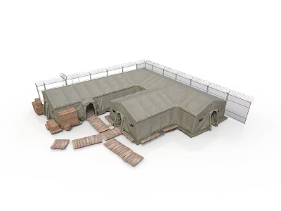 Modern Outdoor Tent Structures Featuring White Fences Wooden Planks And Crates 3d model