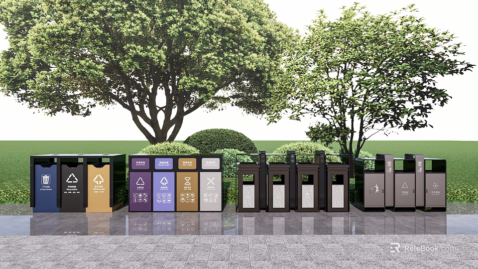 Public Facility Outdoor Waste Sorting Bins With Colored Containers And Green Trees 3d model 