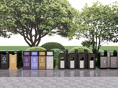 Public Facility Outdoor Waste Sorting Bins With Colored Containers And Green Trees 3d model