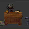 Traditional Wooden Writing Desk Featuring Open Book Green Jar and Purple Stool