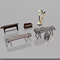 Collection of Musical Instruments and Art Supplies Featuring Harp Keyboard Zither and Drum