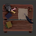 Wooden Kids Desk With Owl Statue Blue Book Paper Small Jar And Colorful Pencils