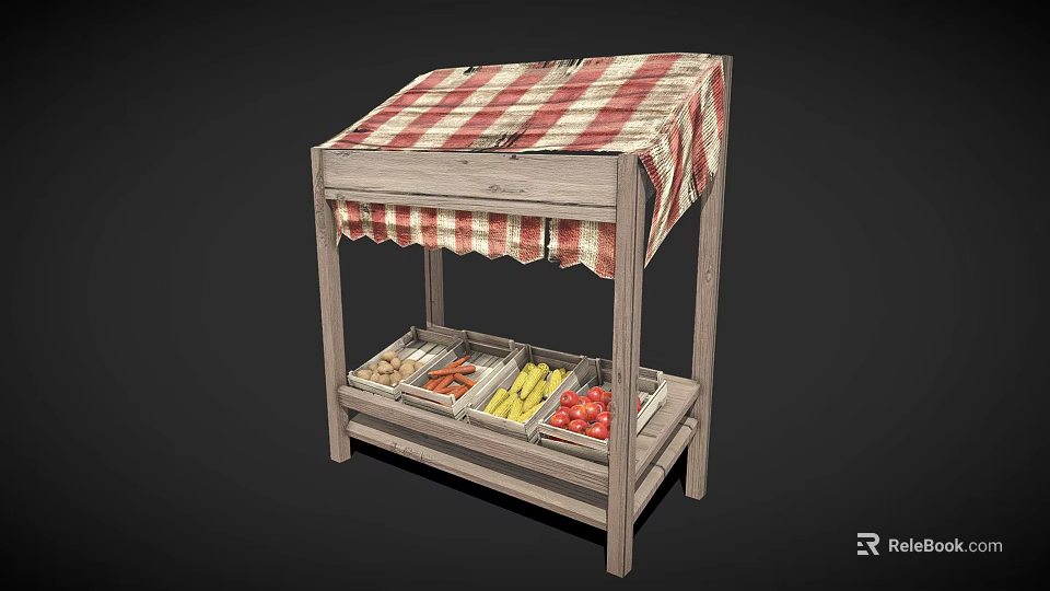 Wooden Food Stall With Red And White Checkered Awning And Transparent Containers For Snacks 3d model 