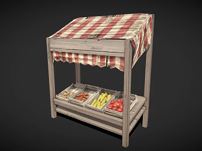 Wooden Food Stall With Red And White Checkered Awning And Transparent Containers For Snacks 3d model