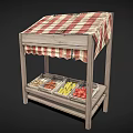 Wooden Food Stall With Red And White Checkered Awning And Transparent Containers For Snacks