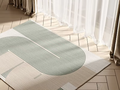 Square Rug With Geometric Design In Room With Curtains And Wooden Floor 3d model