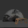 Traditional Chinese Hand Fan with Ink Landscape Painting and Small Wooden Table