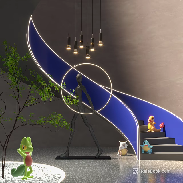 Spiral Staircase With Blue Curved Design Pendant Lights Sculpture Small Figurines And Green Plant 3d model 