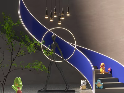 Spiral Staircase With Blue Curved Design Pendant Lights Sculpture Small Figurines And Green Plant 3d model