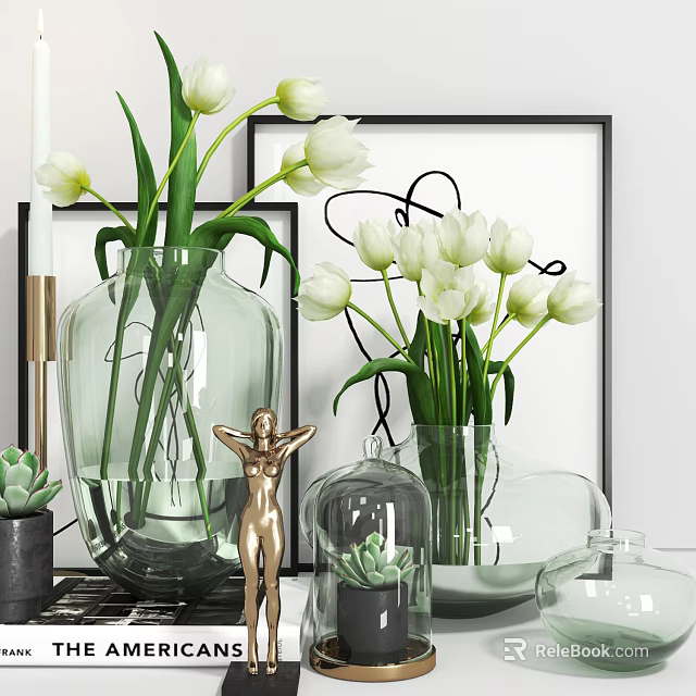 Decorative Ornament Set with White Tulips Transparent Vases Golden Figurine and Picture Frame 3d model 