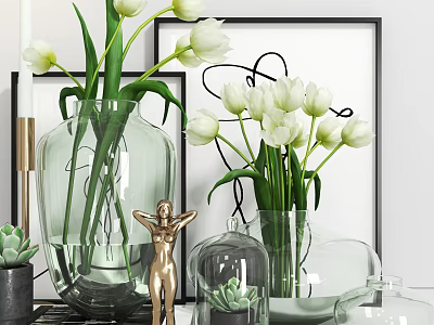 Decorative Ornament Set with White Tulips Transparent Vases Golden Figurine and Picture Frame 3d model