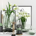 Decorative Ornament Set with White Tulips Transparent Vases Golden Figurine and Picture Frame