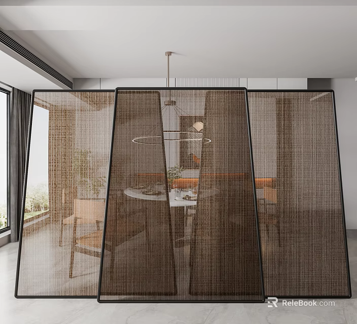 Modern Woven Partition Design For Interior Dining Space With Tables And Lighting 3d model