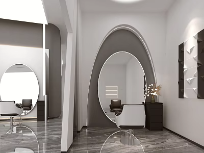 Modern Beauty Salon Interior With Oval Mirrors Styling Chairs And Marble Flooring 3d model