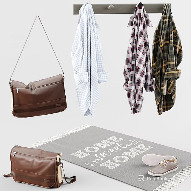 Display of Hanging Plaid Shirts with Brown Leather Bag Grey Blanket and White Shoes 3d model 