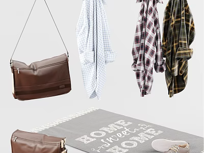 Display of Hanging Plaid Shirts with Brown Leather Bag Grey Blanket and White Shoes 3d model