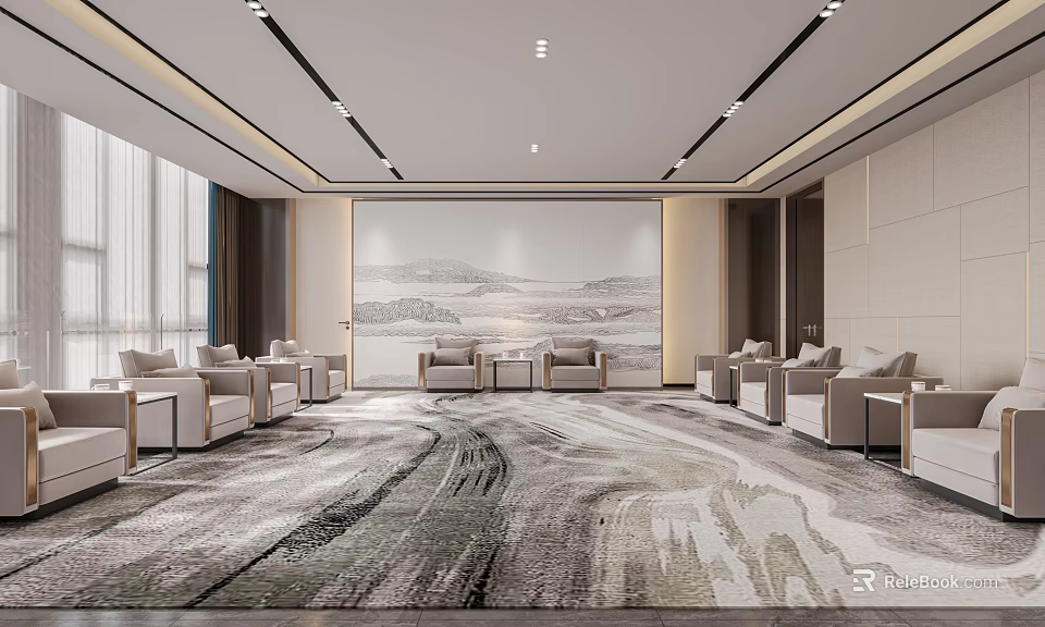 Modern Luxury Conference Room With Large Carpet Sofas Landscape Painting And Floor To Ceiling Windows 3d model 