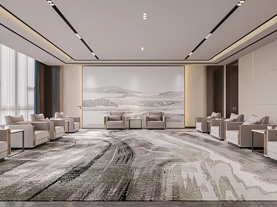 Modern Luxury Conference Room With Large Carpet Sofas Landscape Painting And Floor To Ceiling Windows 3d model