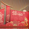2025 Snake Year Check in Photo Spot with Red Background Plum Blossoms Fans and Cartoon Snake