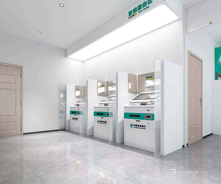 Bank Interior With Row Of White ATM Machines And Green Signage On Gray Floor 3d model 