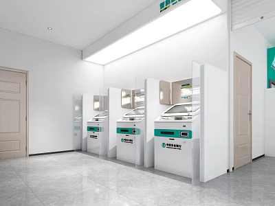 Bank Interior With Row Of White ATM Machines And Green Signage On Gray Floor 3d model
