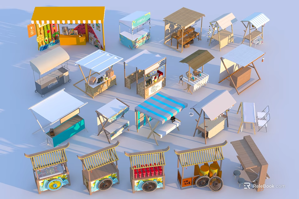Multiple Styles Commercial Equipment Vending Kiosks With Awnings Wheels And Colorful Designs For Markets 3d model 