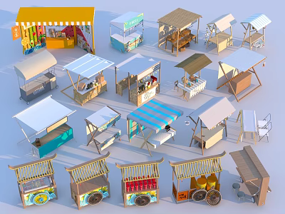 Multiple Styles Commercial Equipment Vending Kiosks With Awnings Wheels And Colorful Designs For Markets 3d model