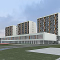 Modern Tall School Buildings With Gray And White Exterior Multiple Windows And Road Front