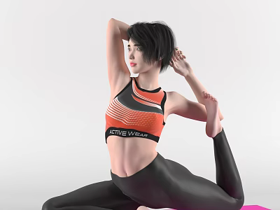 Woman Practicing Yoga In Orange Black Sports Vest With Single Leg Stretch On White Background 3d model