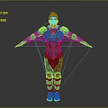 3D Armored Character Model in Red Black Metallic Armor with Arms Outstretched on Gray Background
