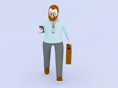 Cartoon Bearded Man Wearing Glasses Holding Cup ID Card And Brown Briefcase Walking 3d model