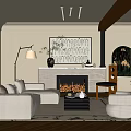 Living Room Interior With Beige Sofa Fireplace Decorative Painting Floor Lamp Round Armchair And Rug