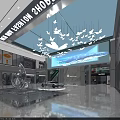 Modern Exhibition Hall With Ceiling Butterfly Decorations Large Screen Silver Car And Sculpture