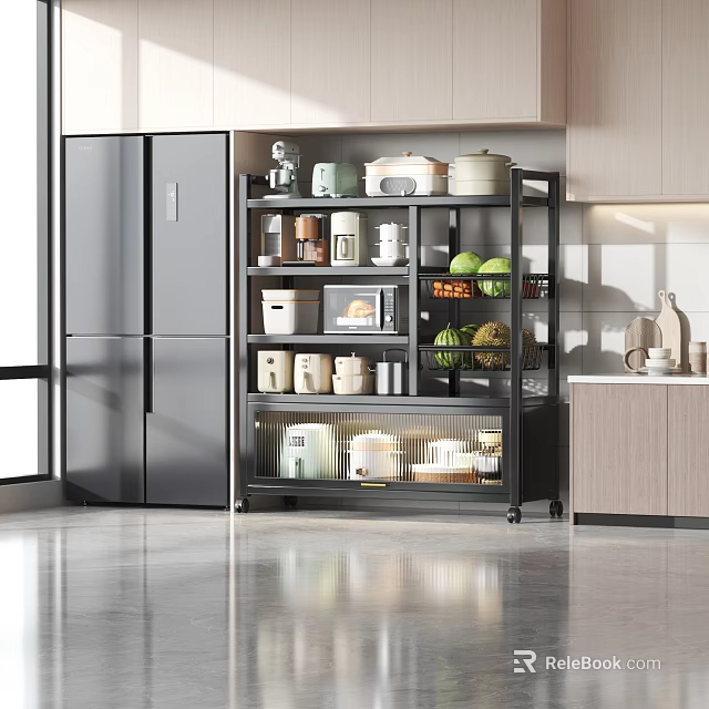 Modern Kitchen With Black Refrigerator Metal Shelf Holding Kitchen Supplies Fruits Microwave And Light Cabinets 3d model 