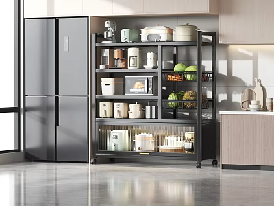 Modern Kitchen With Black Refrigerator Metal Shelf Holding Kitchen Supplies Fruits Microwave And Light Cabinets 3d model