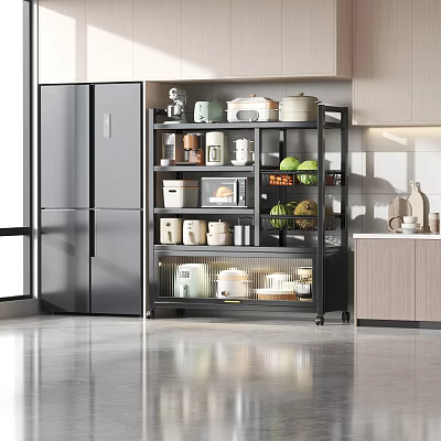Modern Kitchen With Black Refrigerator Metal Shelf Holding Kitchen Supplies Fruits Microwave And Light Cabinets 3d model