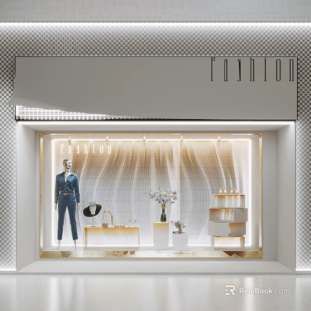 Chic Fashion Window Display With Mannequin Wavy Textured Backdrop Vase And Illuminated Shelves 3d model 