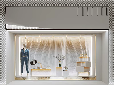 Chic Fashion Window Display With Mannequin Wavy Textured Backdrop Vase And Illuminated Shelves 3d model