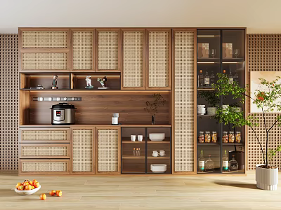 Modern Wine Cabinet With Glass Doors And Wooden Frame In Kitchen Interior 3d model