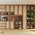 Modern Wine Cabinet With Glass Doors And Wooden Frame In Kitchen Interior