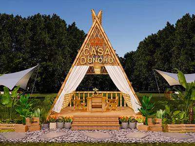 CASA DONOH Campsite Featuring Wooden Triangle Structure Green Plants Platform And Surrounding Trees 3d model