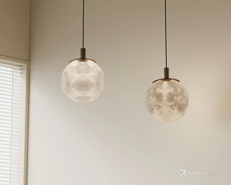Two Moon Texture Pendant Lights Hanging In Indoor Space With Window Blinds 3d model