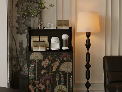 Decorative Cabinet With Coffee Machine Tea Packets And Floor Lamp In Interior Setting 3d model