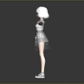 3D Model Character With White Short Hair Striped Long Sleeve Top Gray Skirt And Sneakers