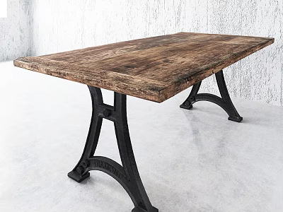 Rustic Wooden Table With Black Metal Legs Against White Textured Wall And Gray Floor 3d model